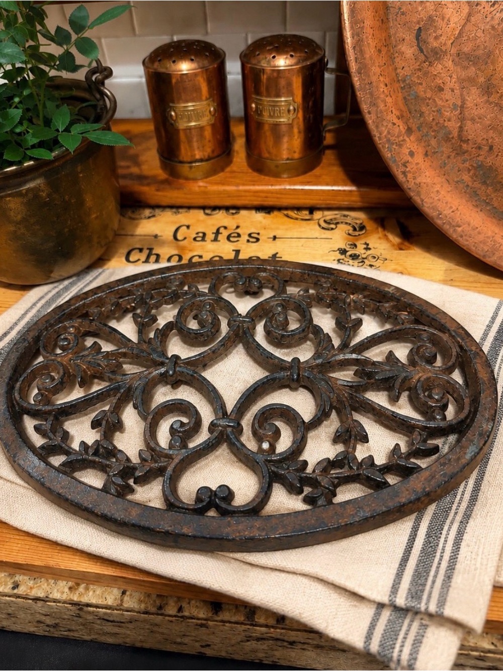 Vintage Ornate Cast Iron Trivet Scrollwork Cottage Kitchen Decor
